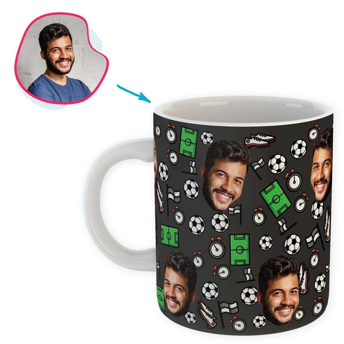 dark Football mug personalized with photo of face printed on it