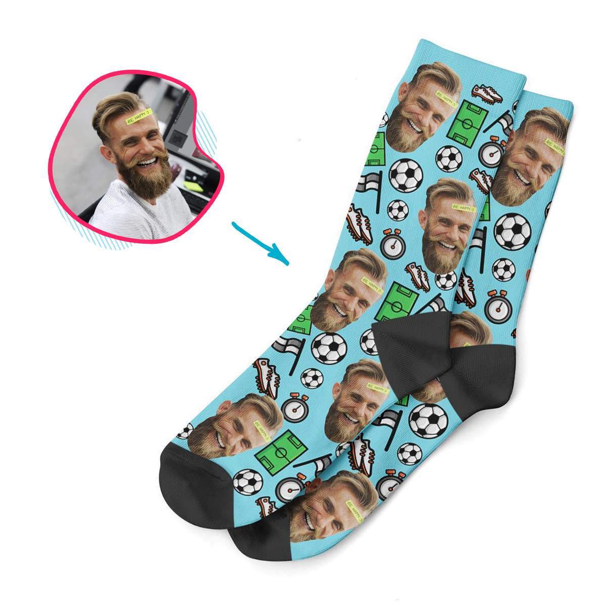 blue Football socks personalized with photo of face printed on them