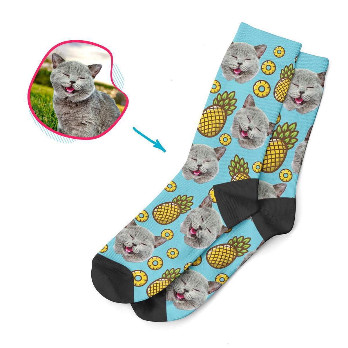 blue Fruits socks personalized with photo of face printed on them