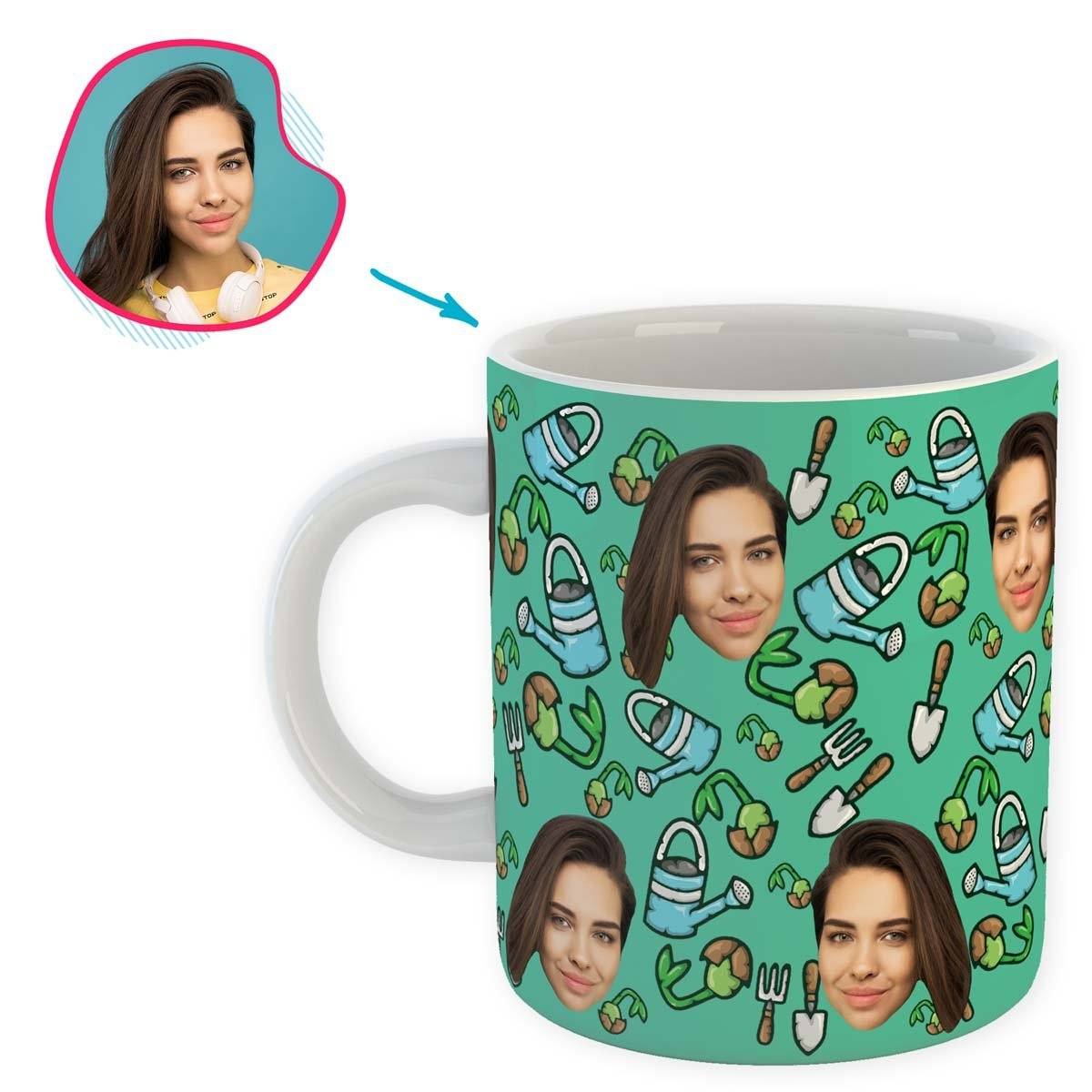 mint Gardening mug personalized with photo of face printed on it
