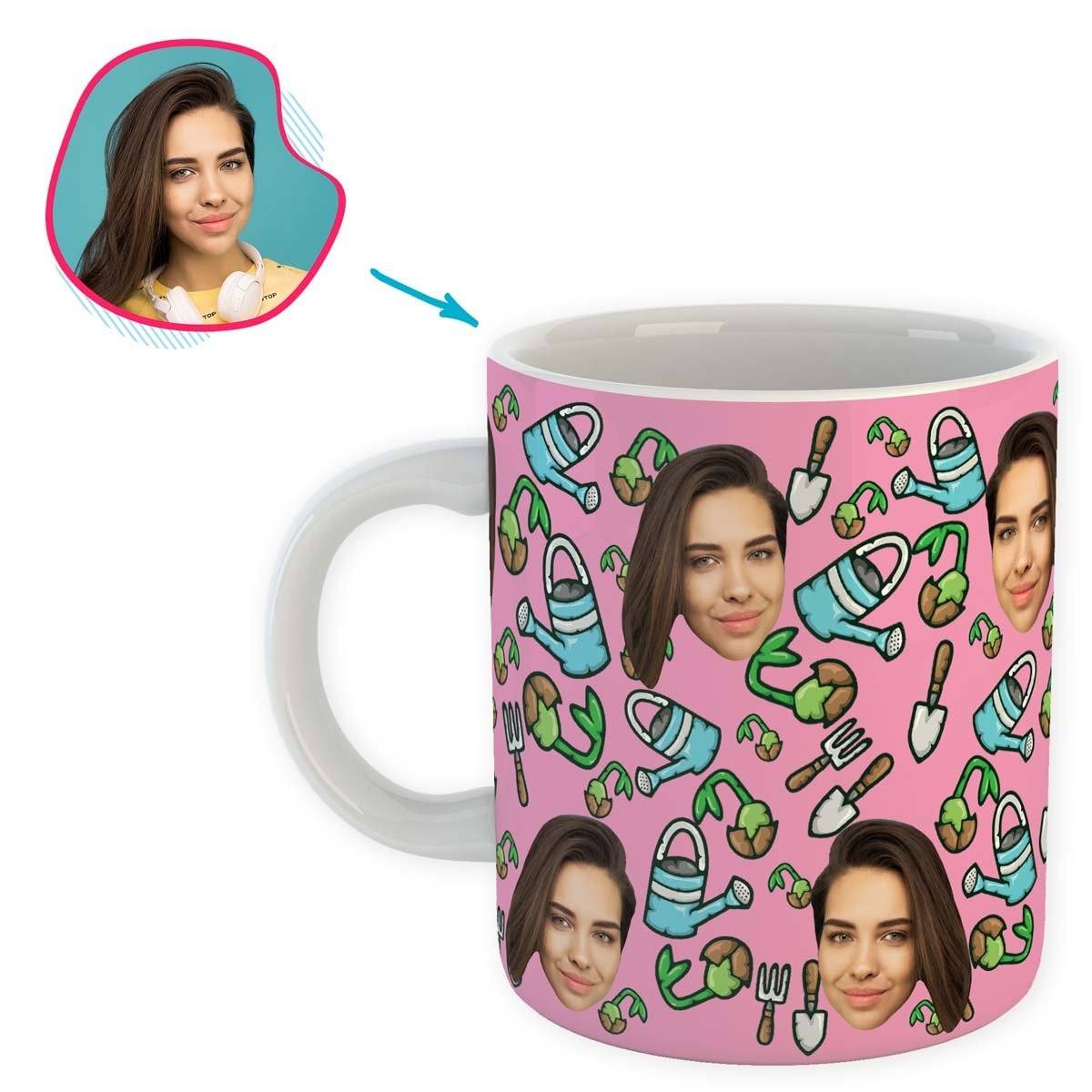 pink Gardening mug personalized with photo of face printed on it