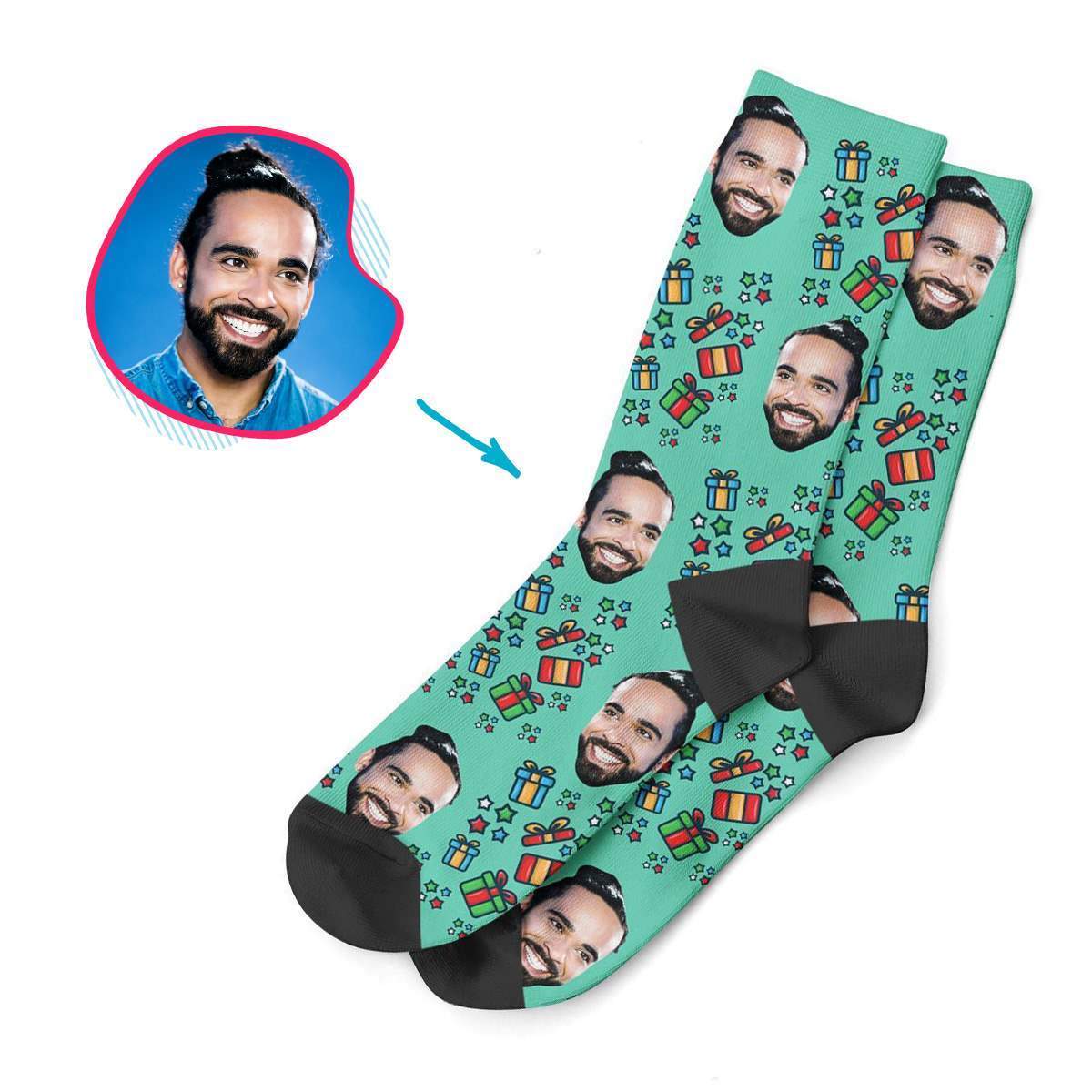 mint Gift Box socks personalized with photo of face printed on them