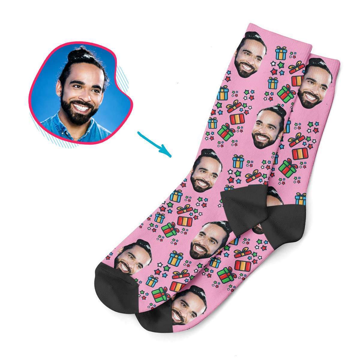 pink Gift Box socks personalized with photo of face printed on them