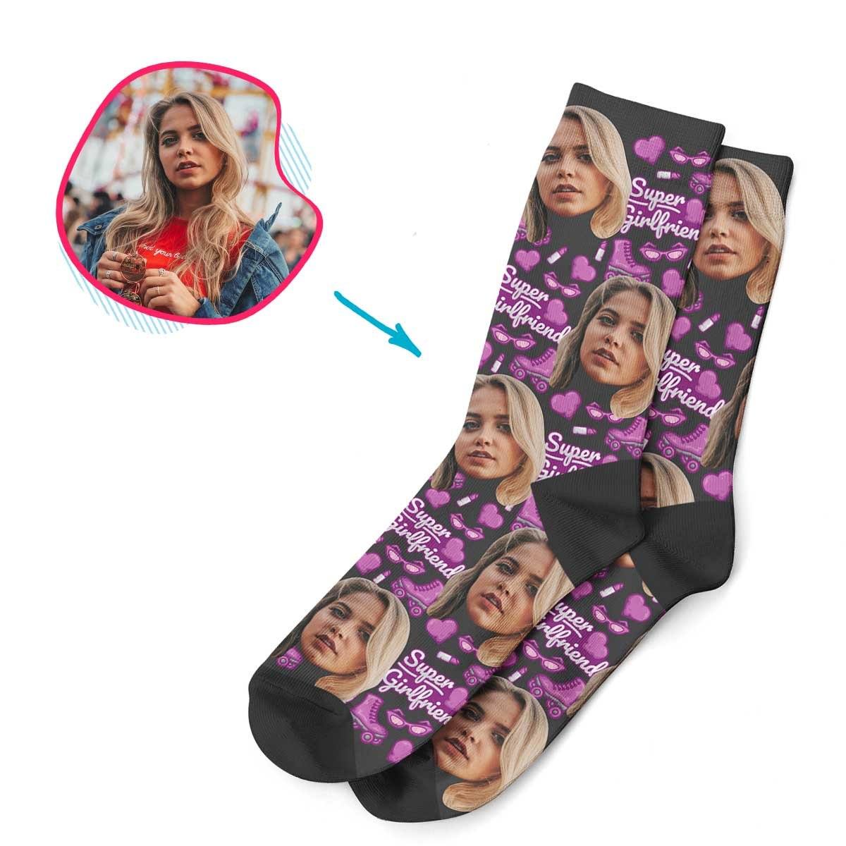 Dark Girlfriend personalized socks with photo of face printed on them