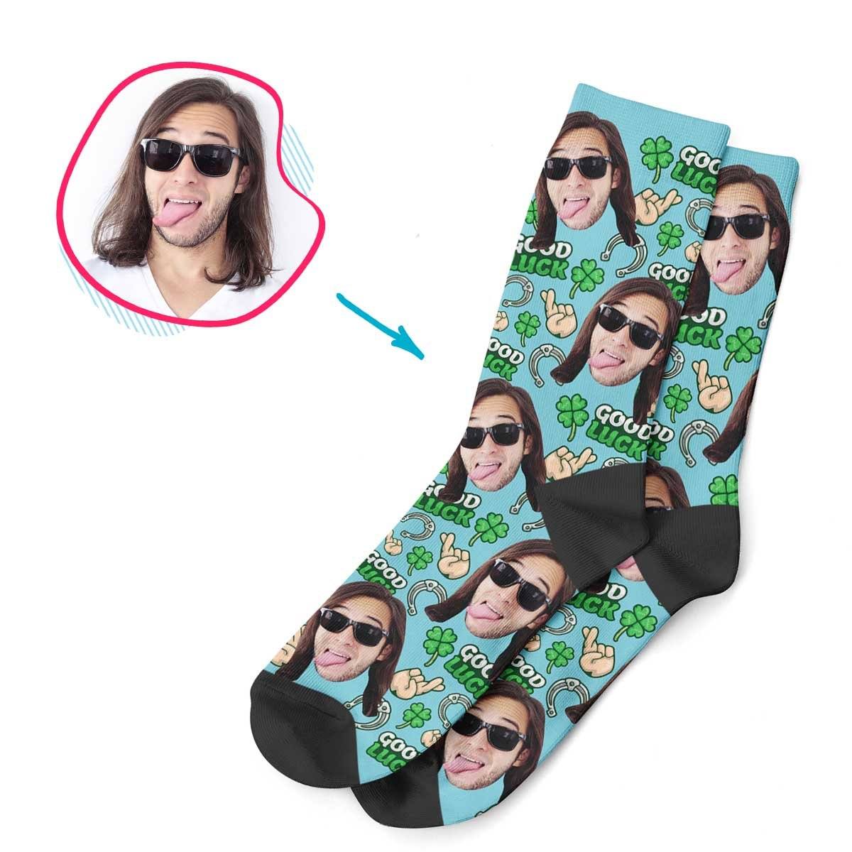 Blue Good Luck personalized socks with photo of face printed on them
