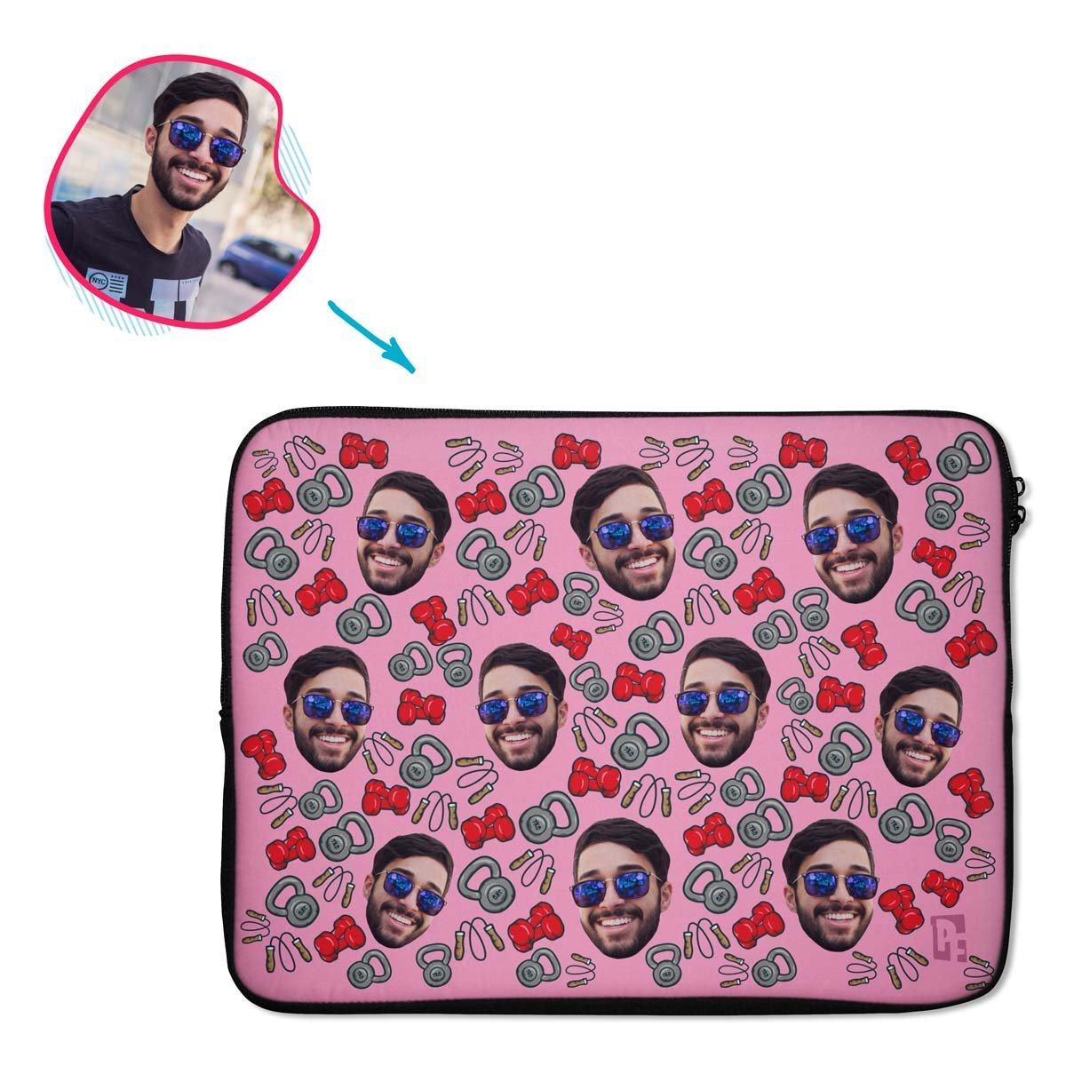 pink Gym & Fitness laptop sleeve personalized with photo of face printed on them