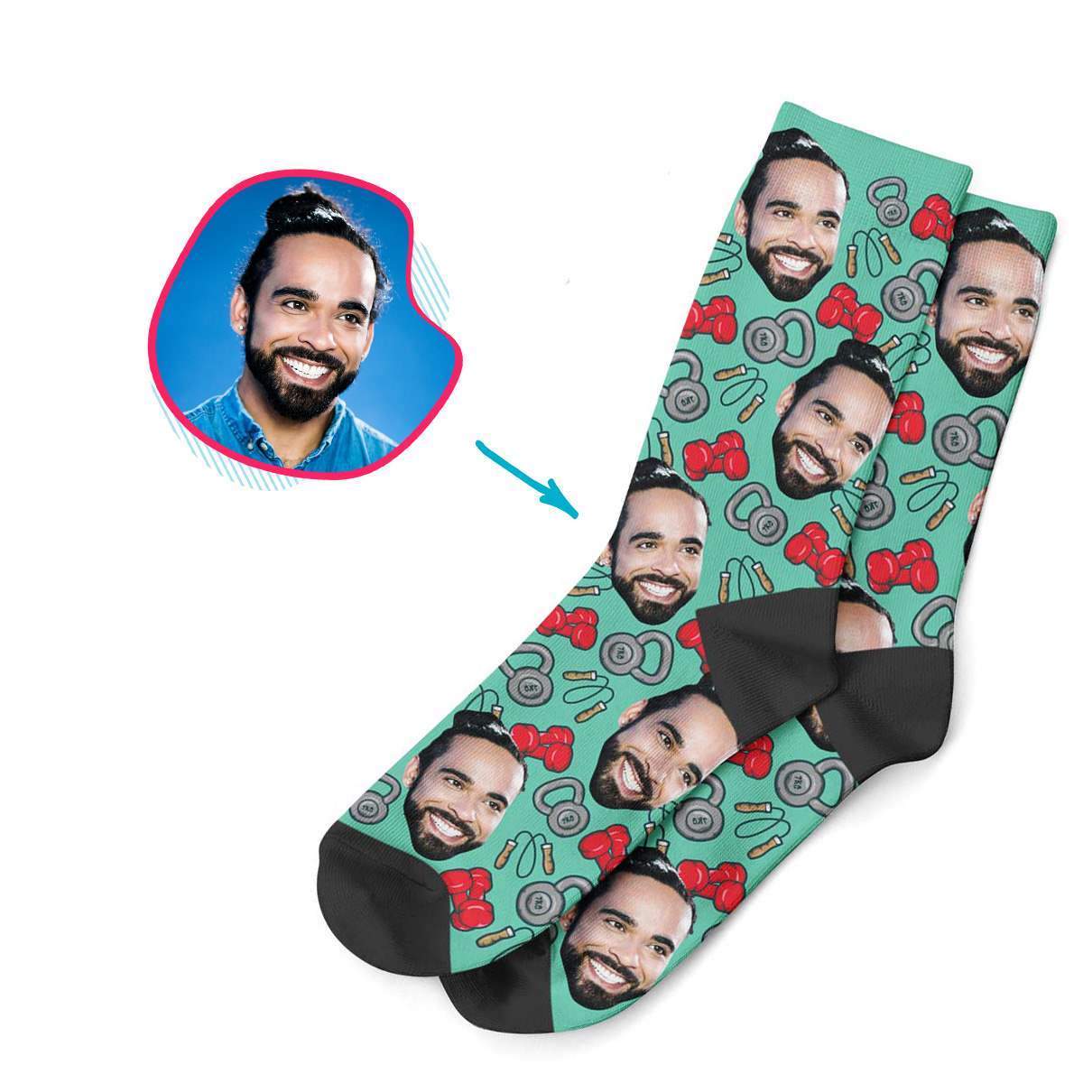 mint Gym & Fitness socks personalized with photo of face printed on them