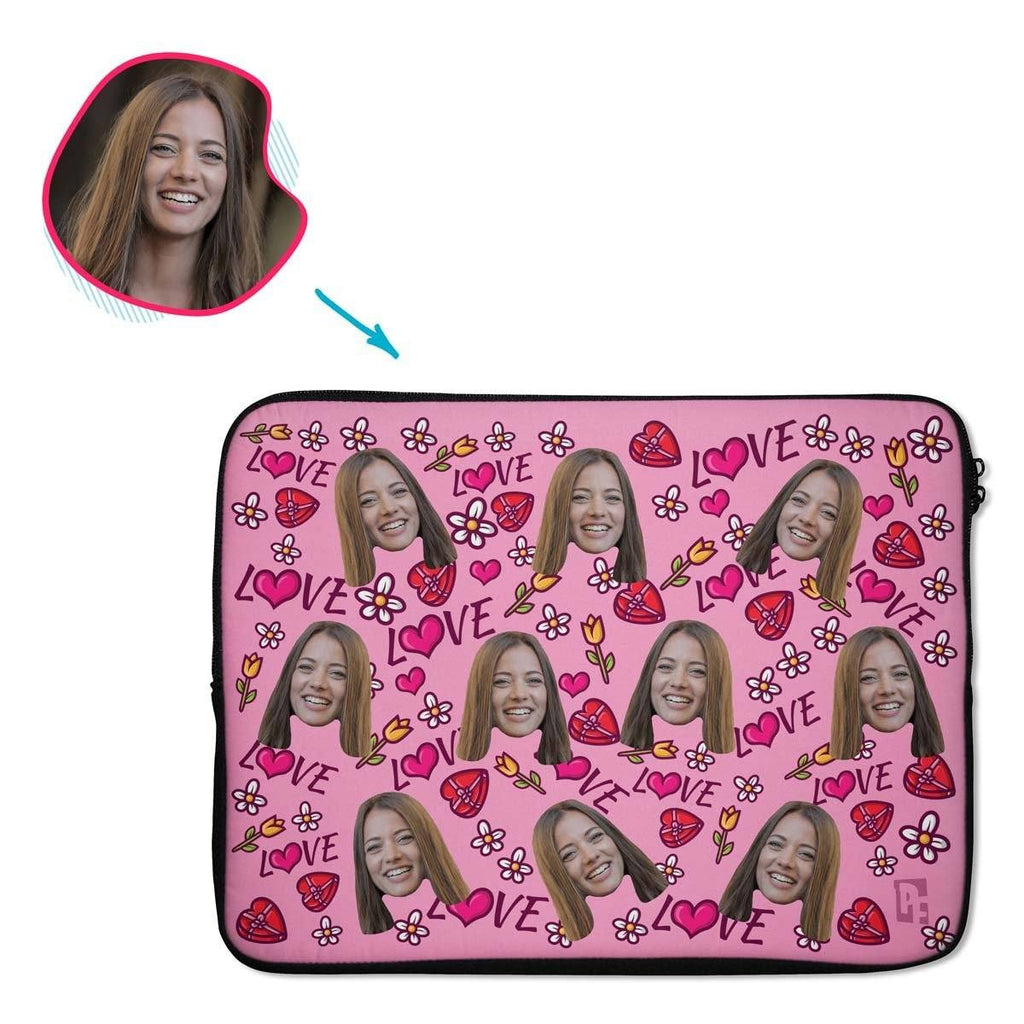pink Hearts and Flowers laptop sleeve personalized with photo of face printed on them