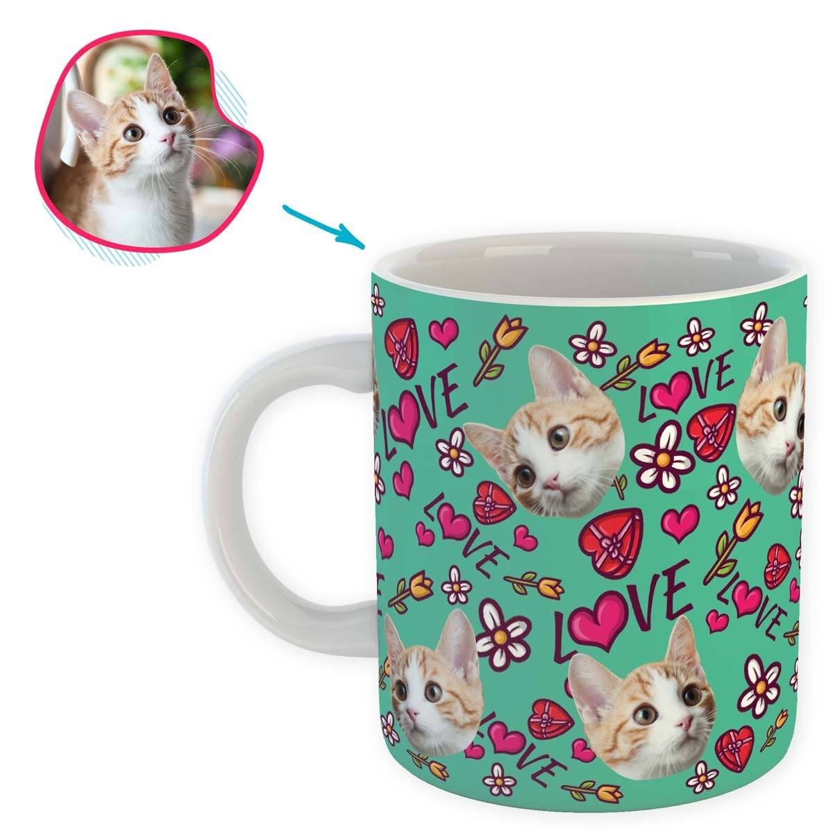 mint Hearts and Flowers mug personalized with photo of face printed on it