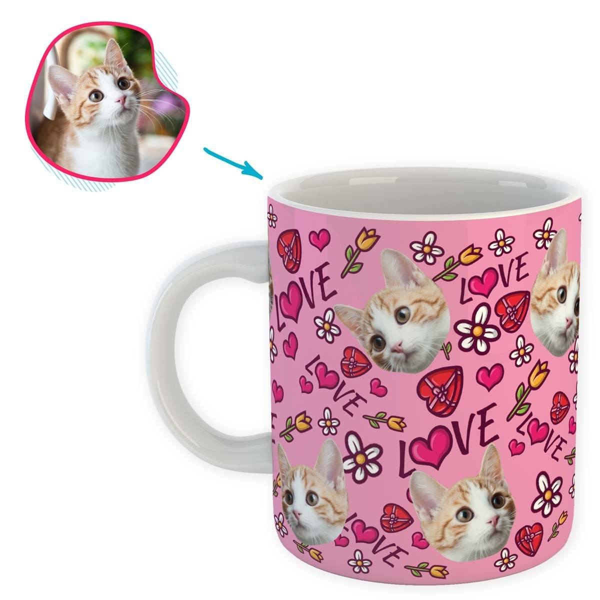 pink Hearts and Flowers mug personalized with photo of face printed on it
