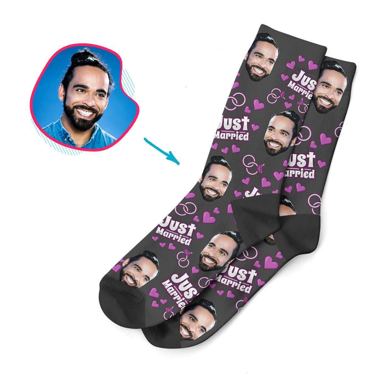 dark Just Married socks personalized with photo of face printed on them