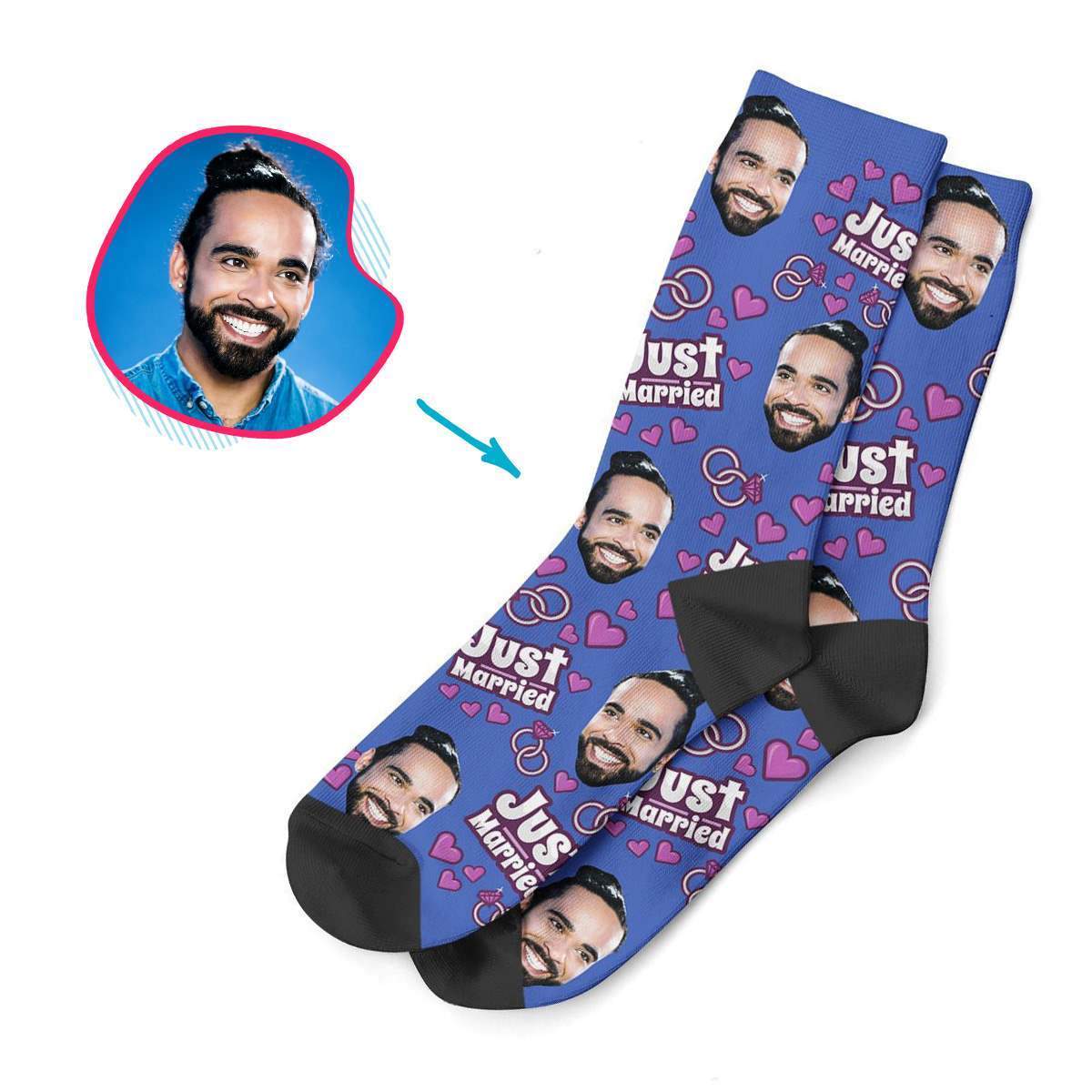 darkblue Just Married socks personalized with photo of face printed on them