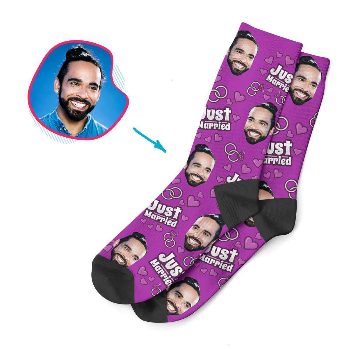 purple Just Married socks personalized with photo of face printed on them
