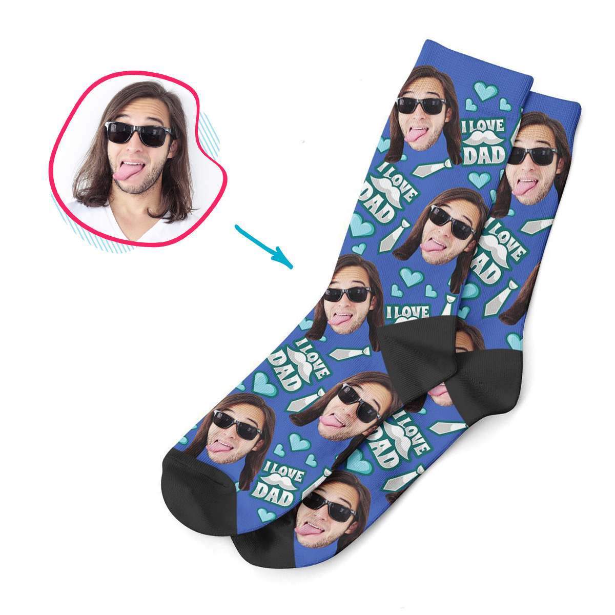 darkblue Love Dad socks personalized with photo of face printed on them