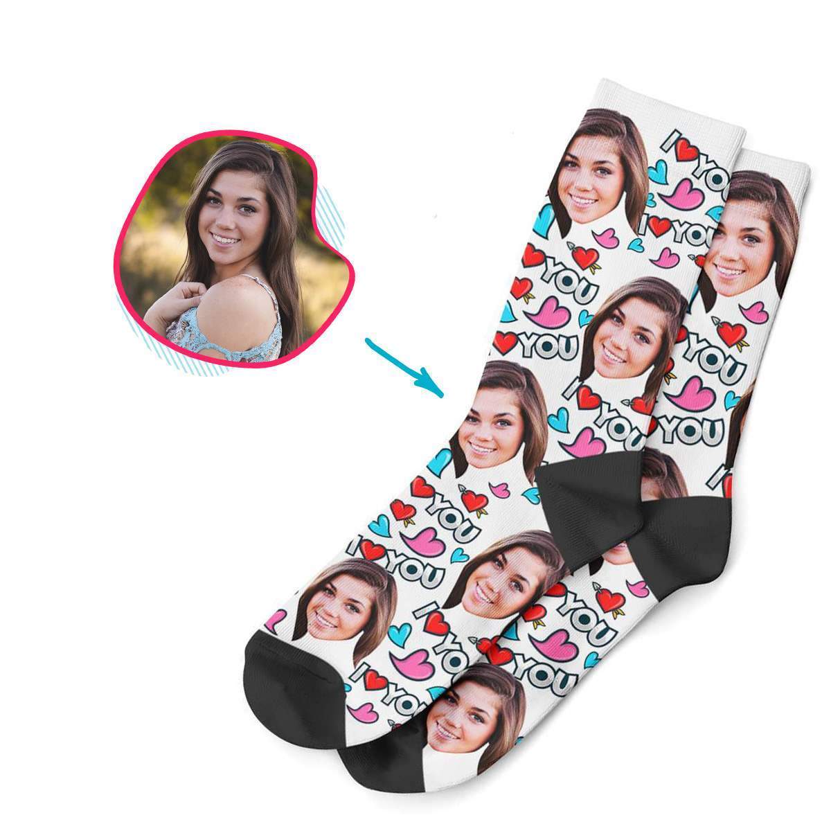 white Love You socks personalized with photo of face printed on them