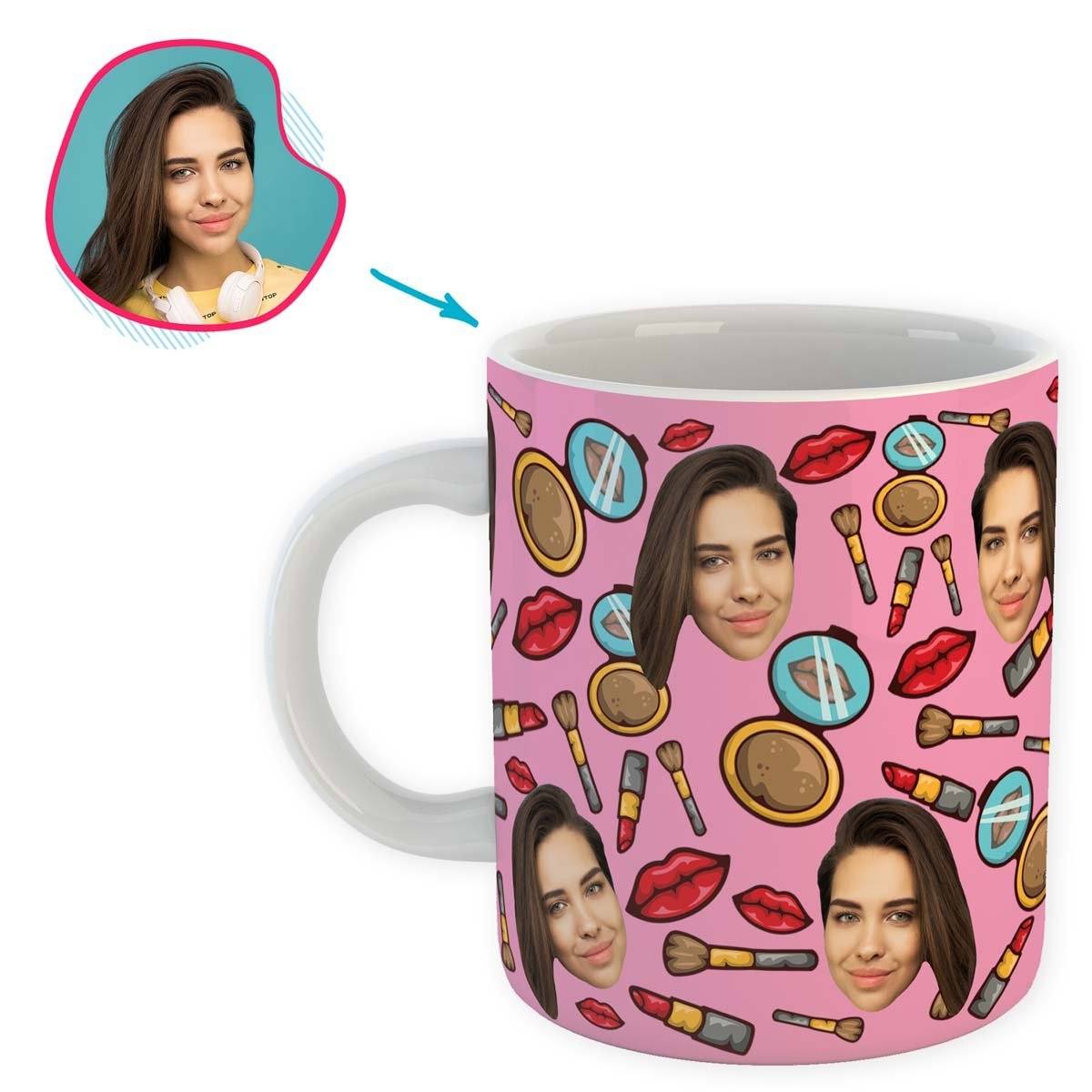 Pink Makeup personalized mug with photo of face printed on it