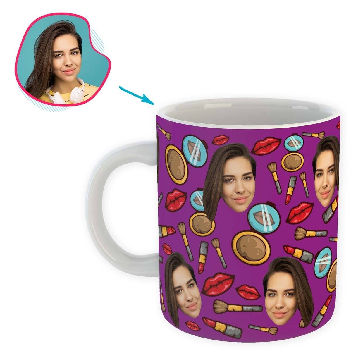 Purple Makeup personalized mug with photo of face printed on it