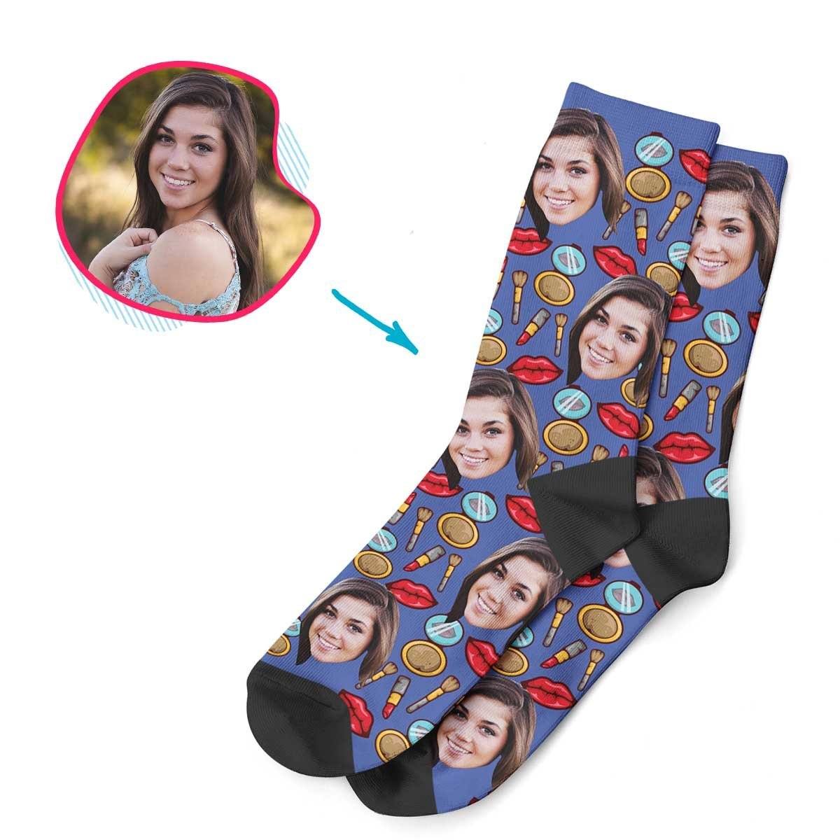 Darkblue Makeup personalized socks with photo of face printed on them