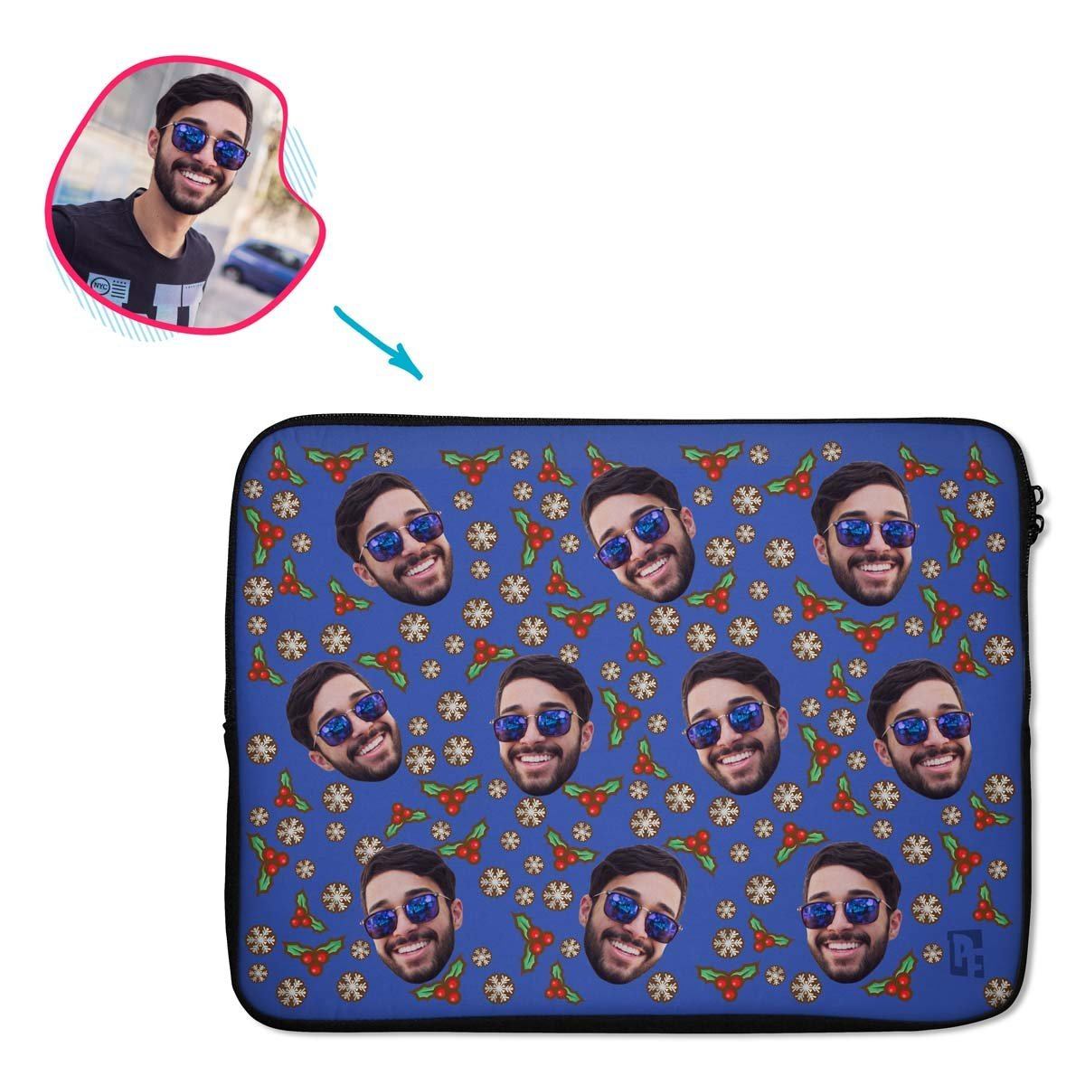 darkblue Mistletoe laptop sleeve personalized with photo of face printed on them