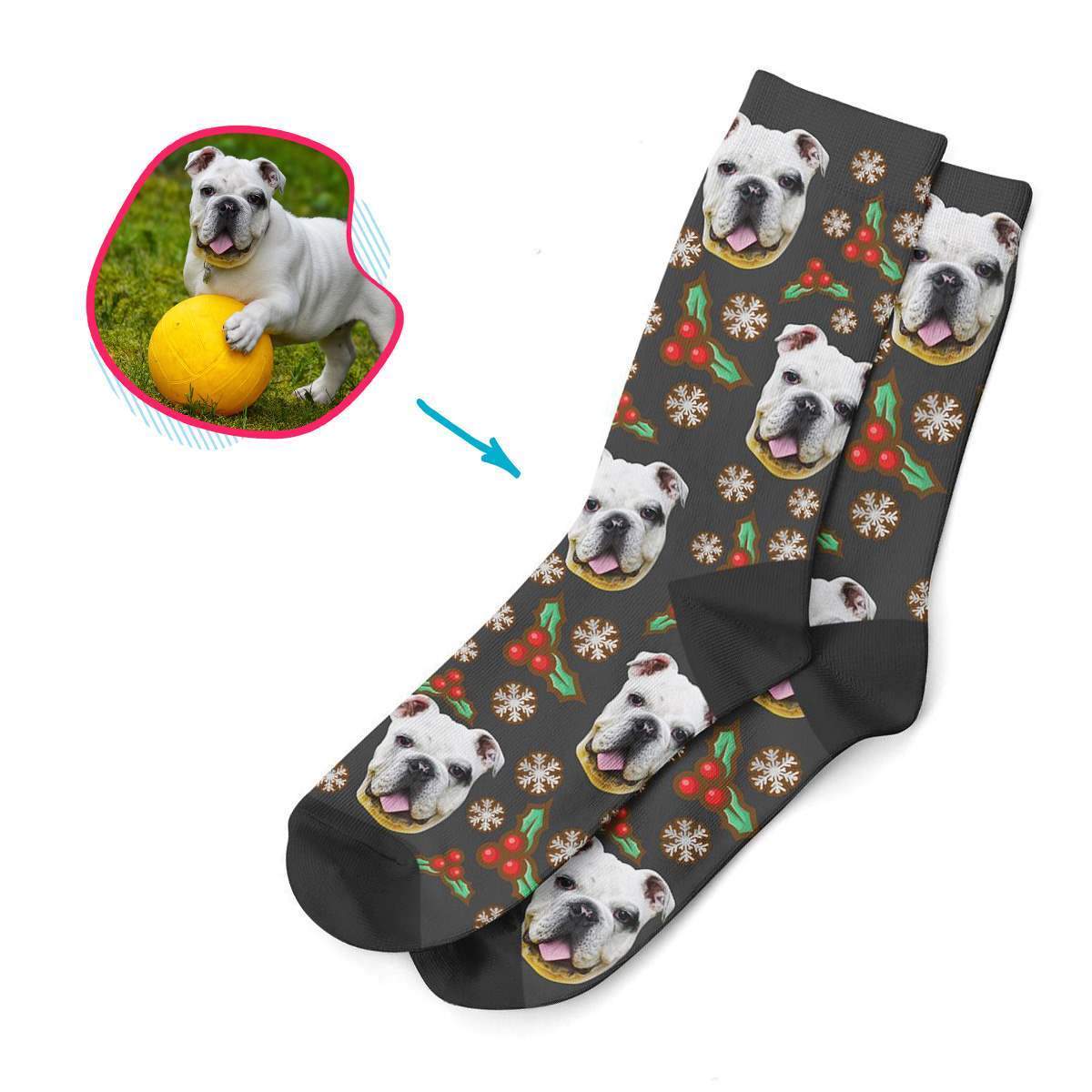 dark Mistletoe socks personalized with photo of face printed on them