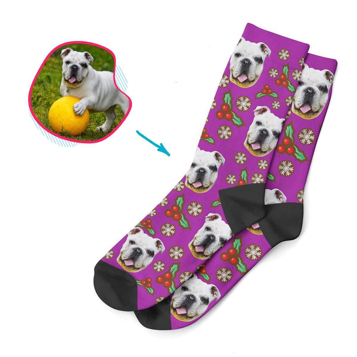purple Mistletoe socks personalized with photo of face printed on them