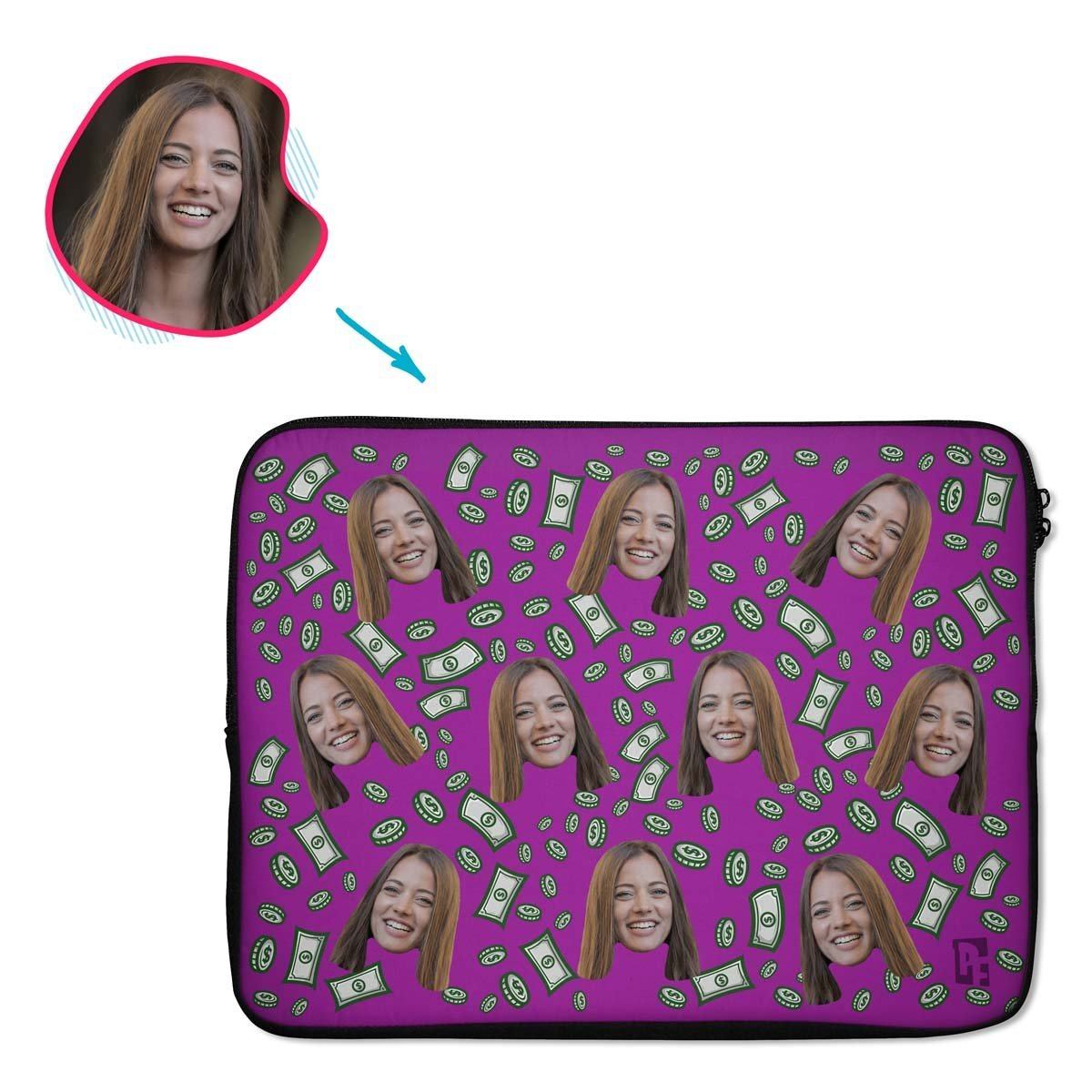 purple Money laptop sleeve personalized with photo of face printed on them