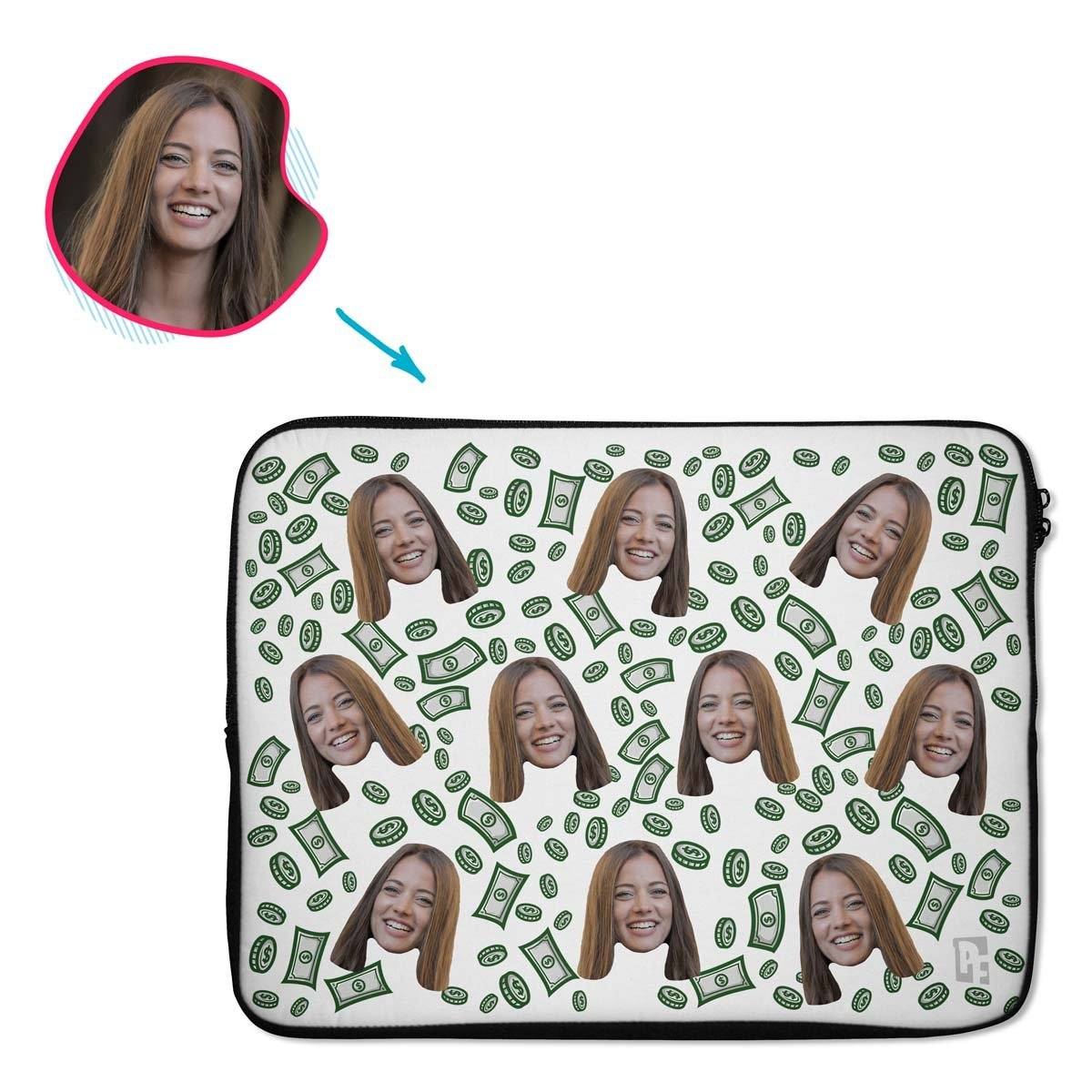 white Money laptop sleeve personalized with photo of face printed on them