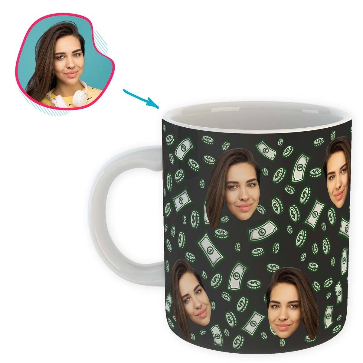 dark Money mug personalized with photo of face printed on it