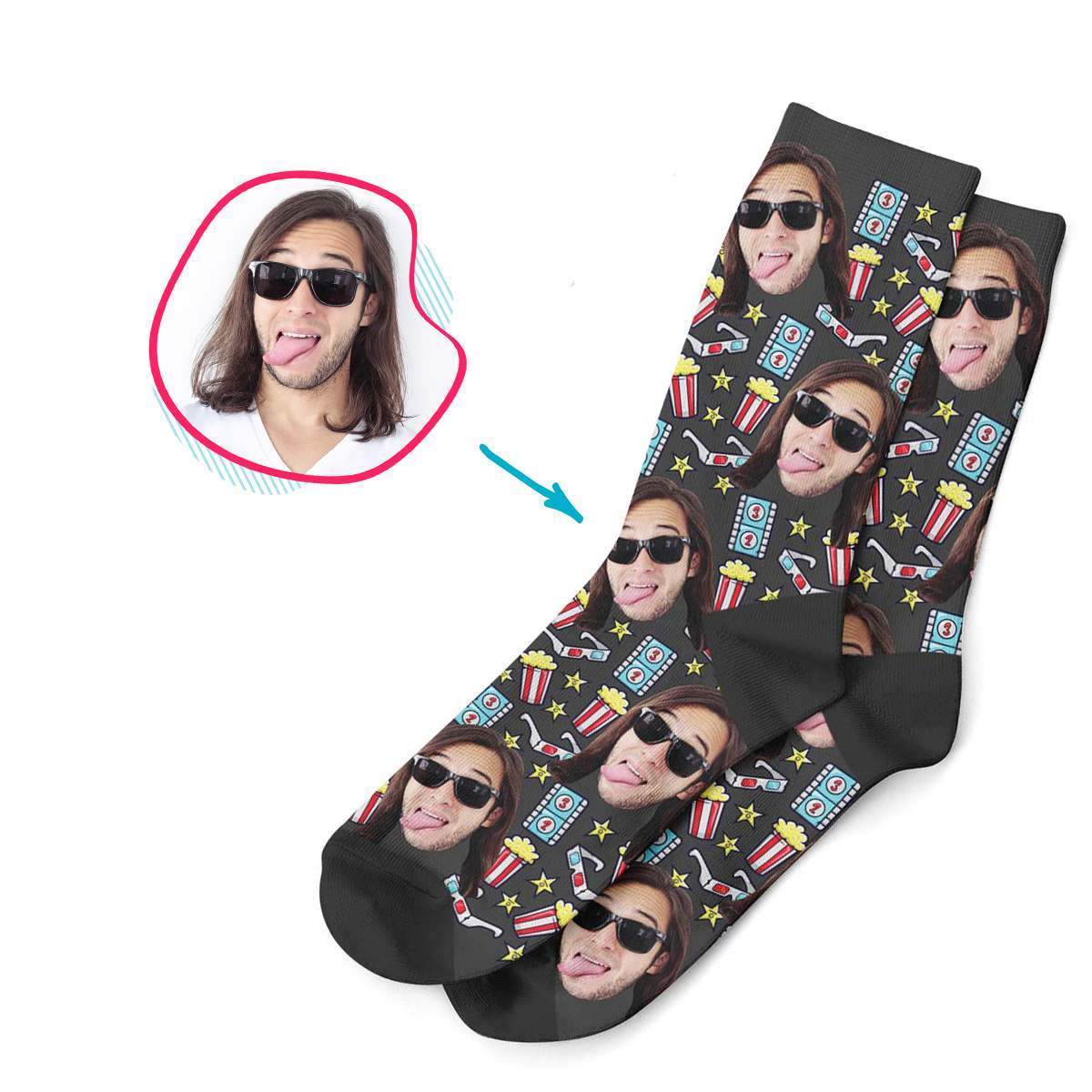 dark Movie socks personalized with photo of face printed on them