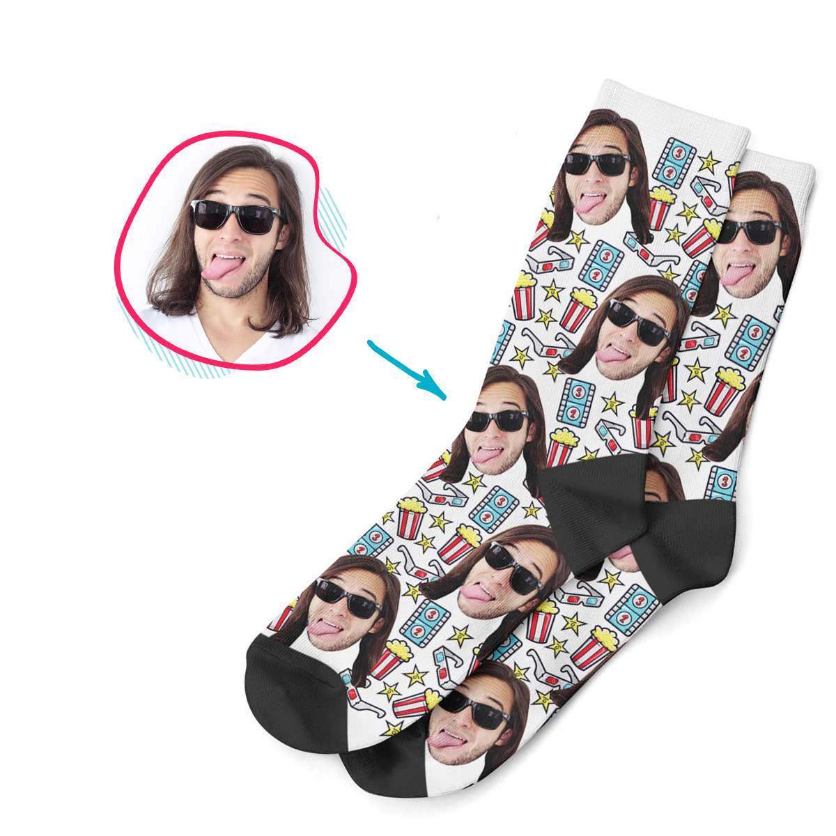 white Movie socks personalized with photo of face printed on them
