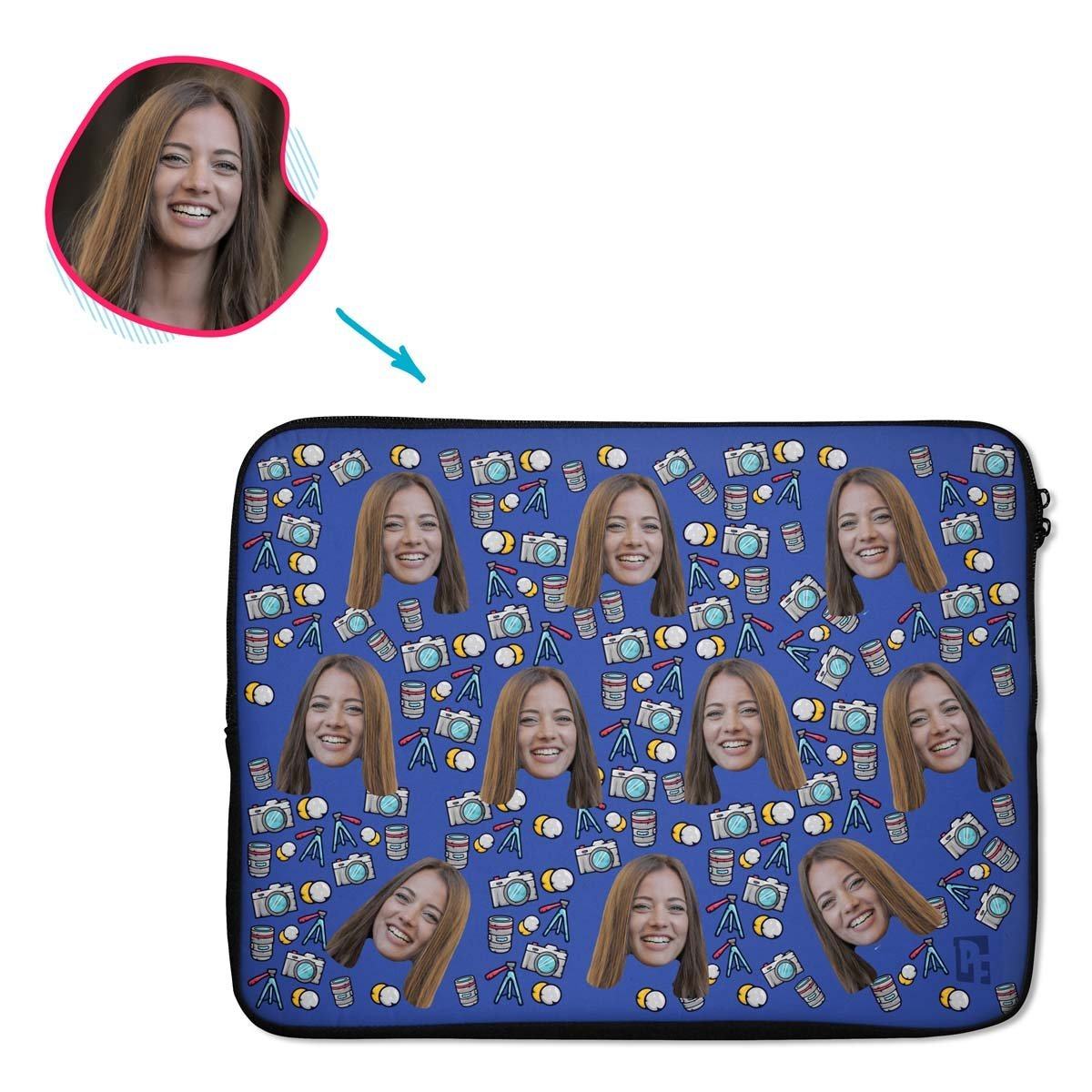 darkblue Photography laptop sleeve personalized with photo of face printed on them