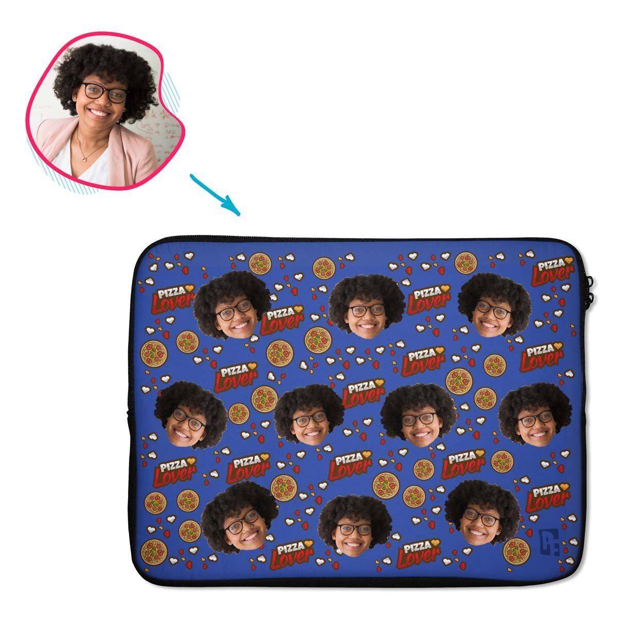 darkblue Pizza Lover laptop sleeve personalized with photo of face printed on them