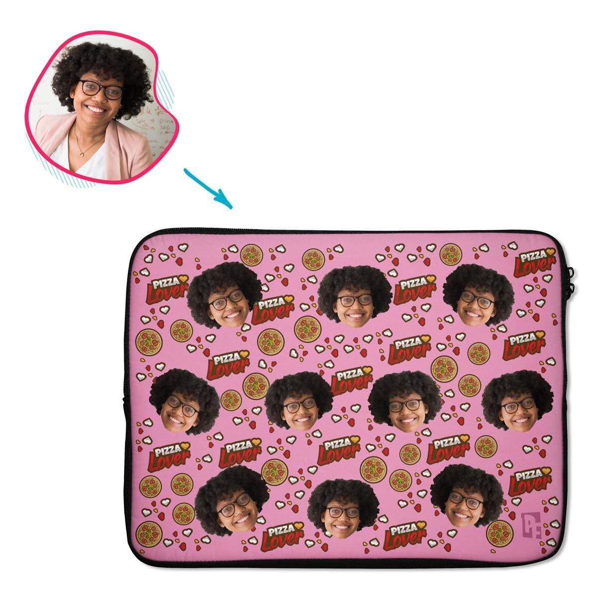 pink Pizza Lover laptop sleeve personalized with photo of face printed on them