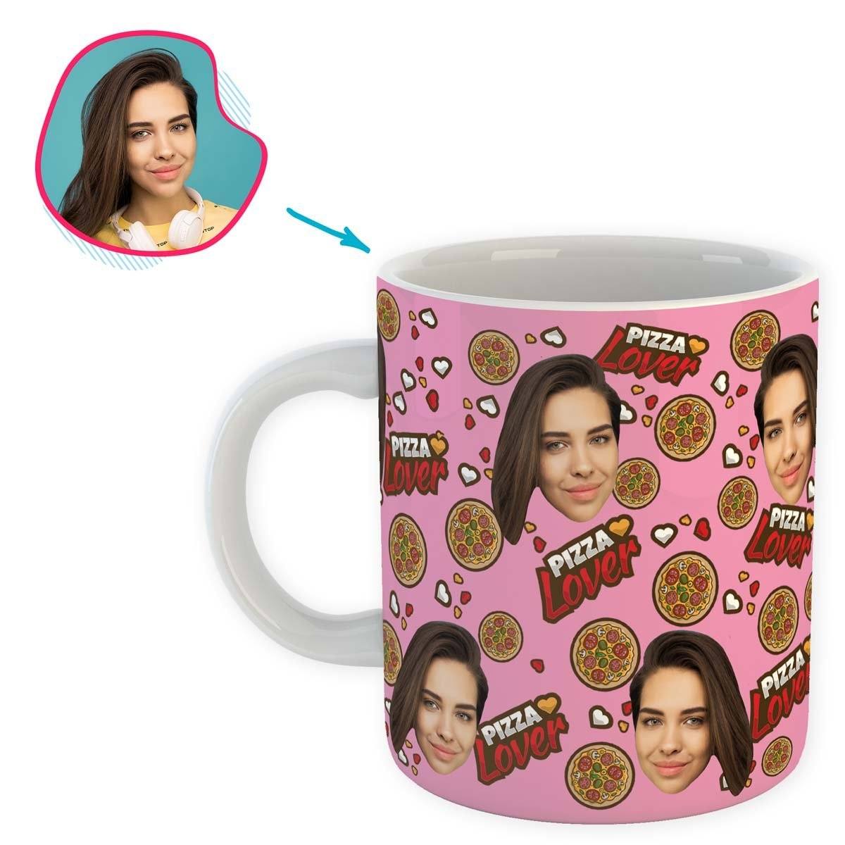 pink Pizza Lover mug personalized with photo of face printed on it