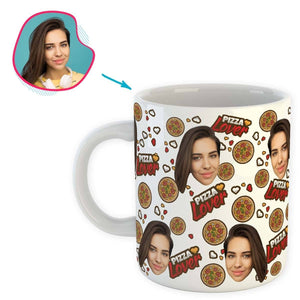 white Pizza Lover mug personalized with photo of face printed on it