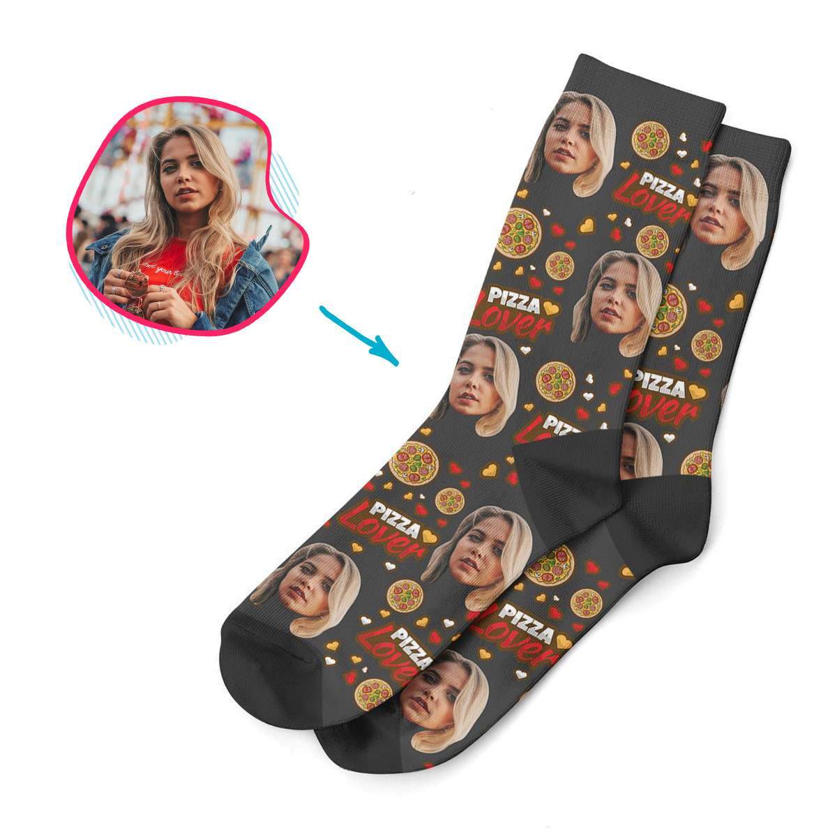 dark Pizza Lover socks personalized with photo of face printed on them