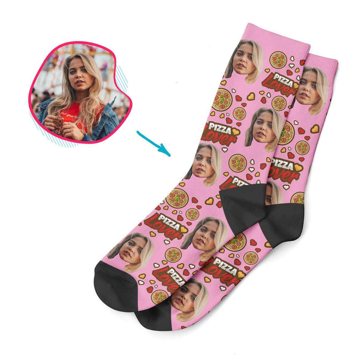 pink Pizza Lover socks personalized with photo of face printed on them