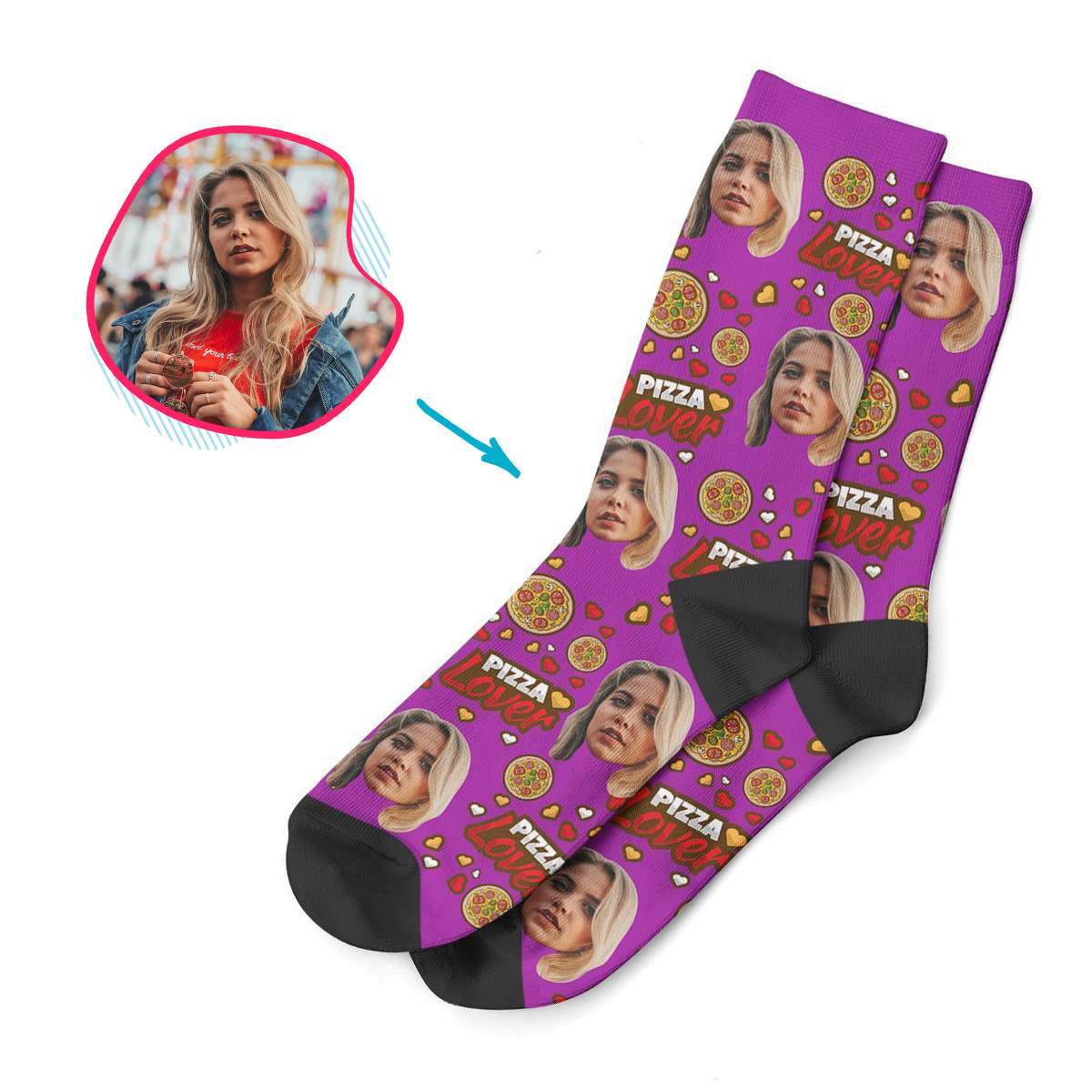 purple Pizza Lover socks personalized with photo of face printed on them