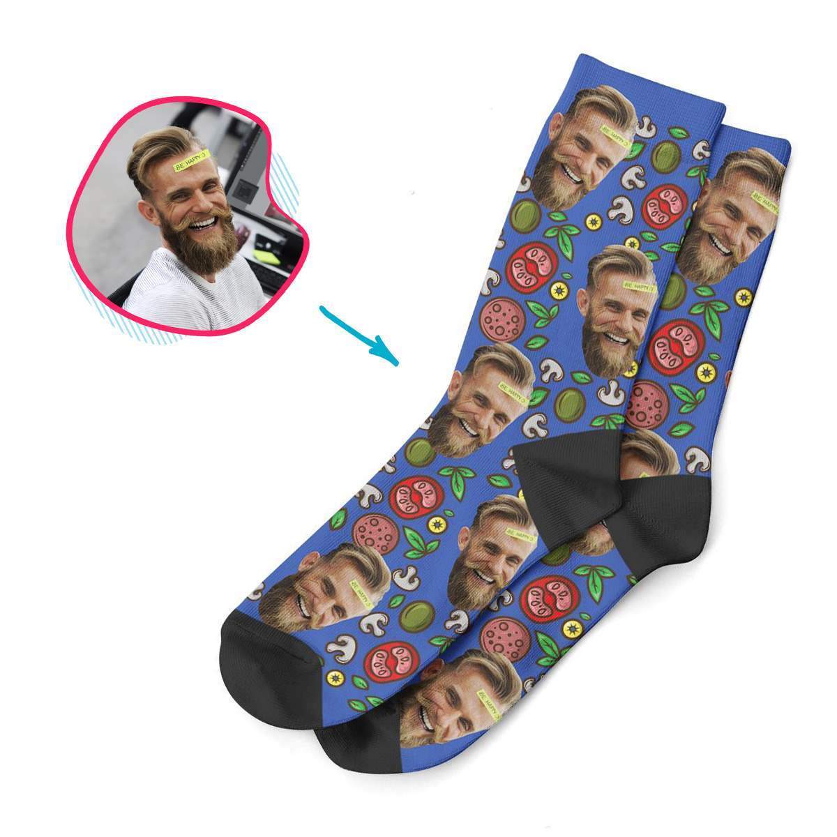 darkblue Pizza socks personalized with photo of face printed on them