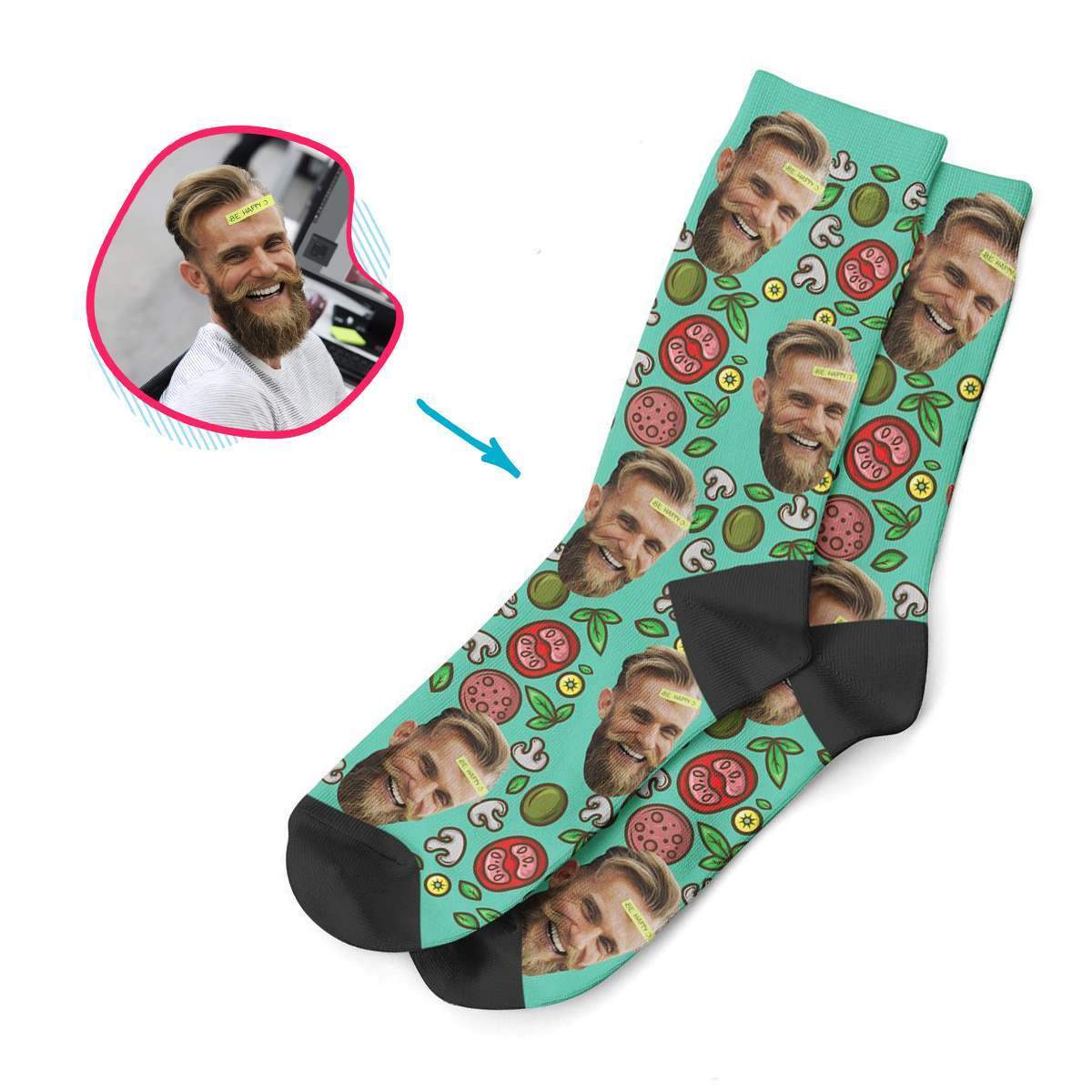 mint Pizza socks personalized with photo of face printed on them