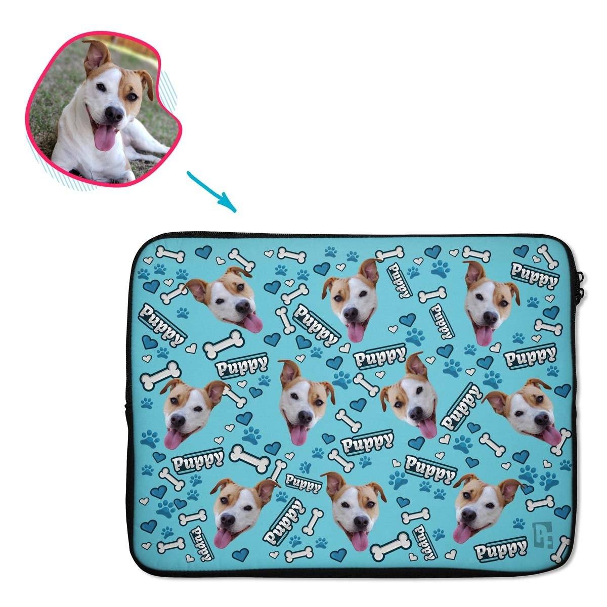 blue Puppy laptop sleeve personalized with photo of face printed on them