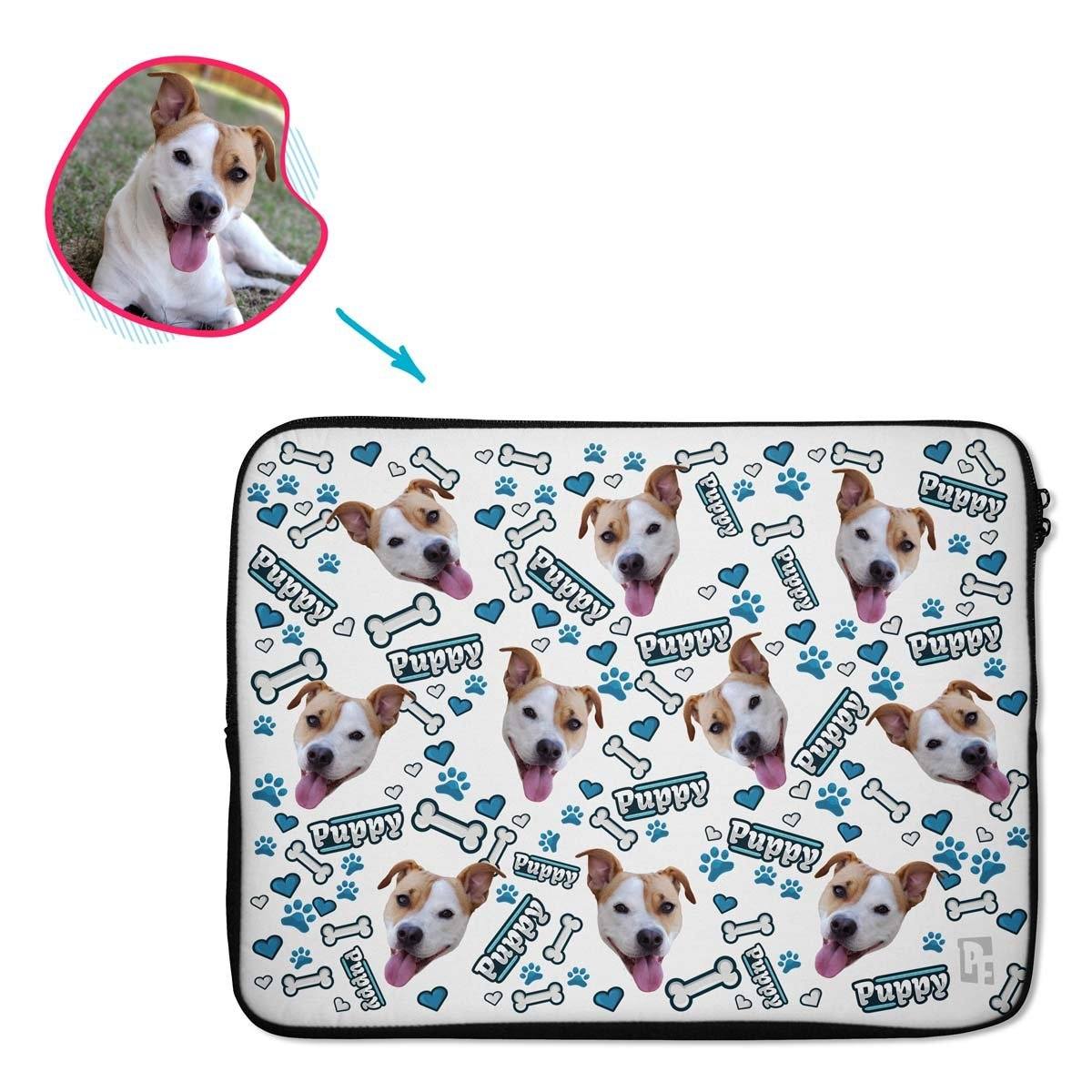 white Puppy laptop sleeve personalized with photo of face printed on them