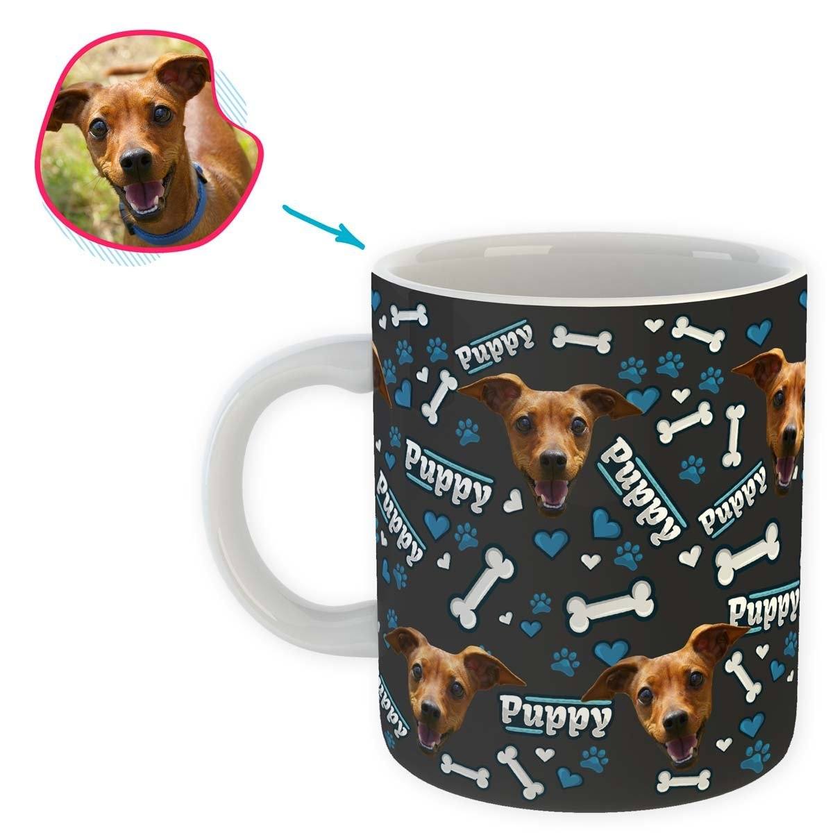 dark Puppy mug personalized with photo of face printed on it