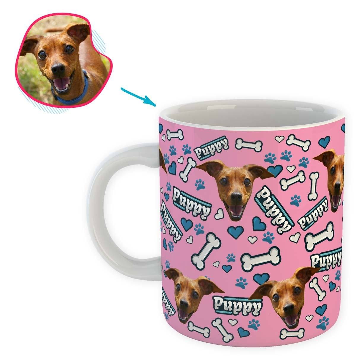 pink Puppy mug personalized with photo of face printed on it