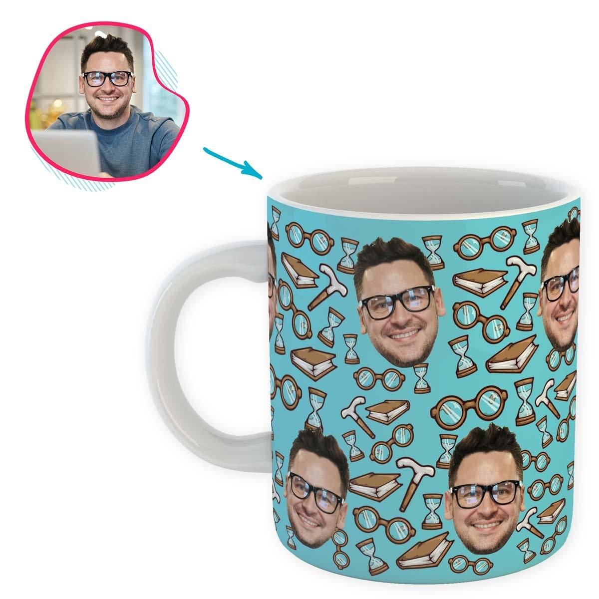 Blue Retirement personalized mug with photo of face printed on it