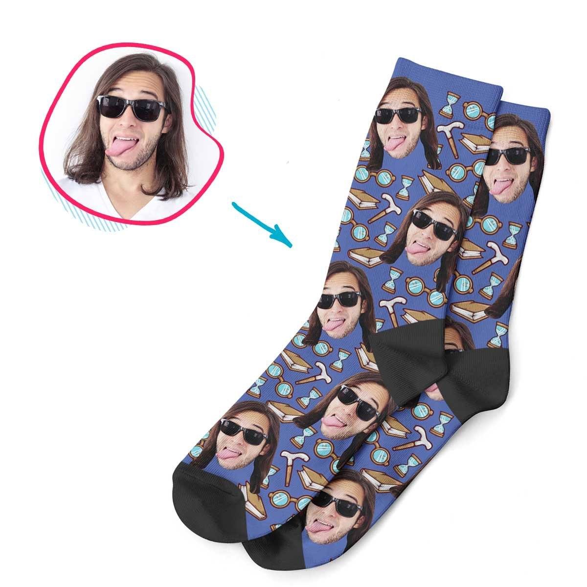 Darkblue Retirement personalized socks with photo of face printed on them
