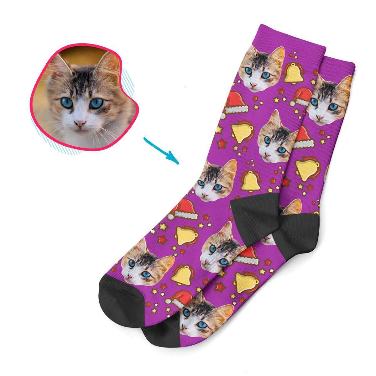 purple Santa's Hat socks personalized with photo of face printed on them