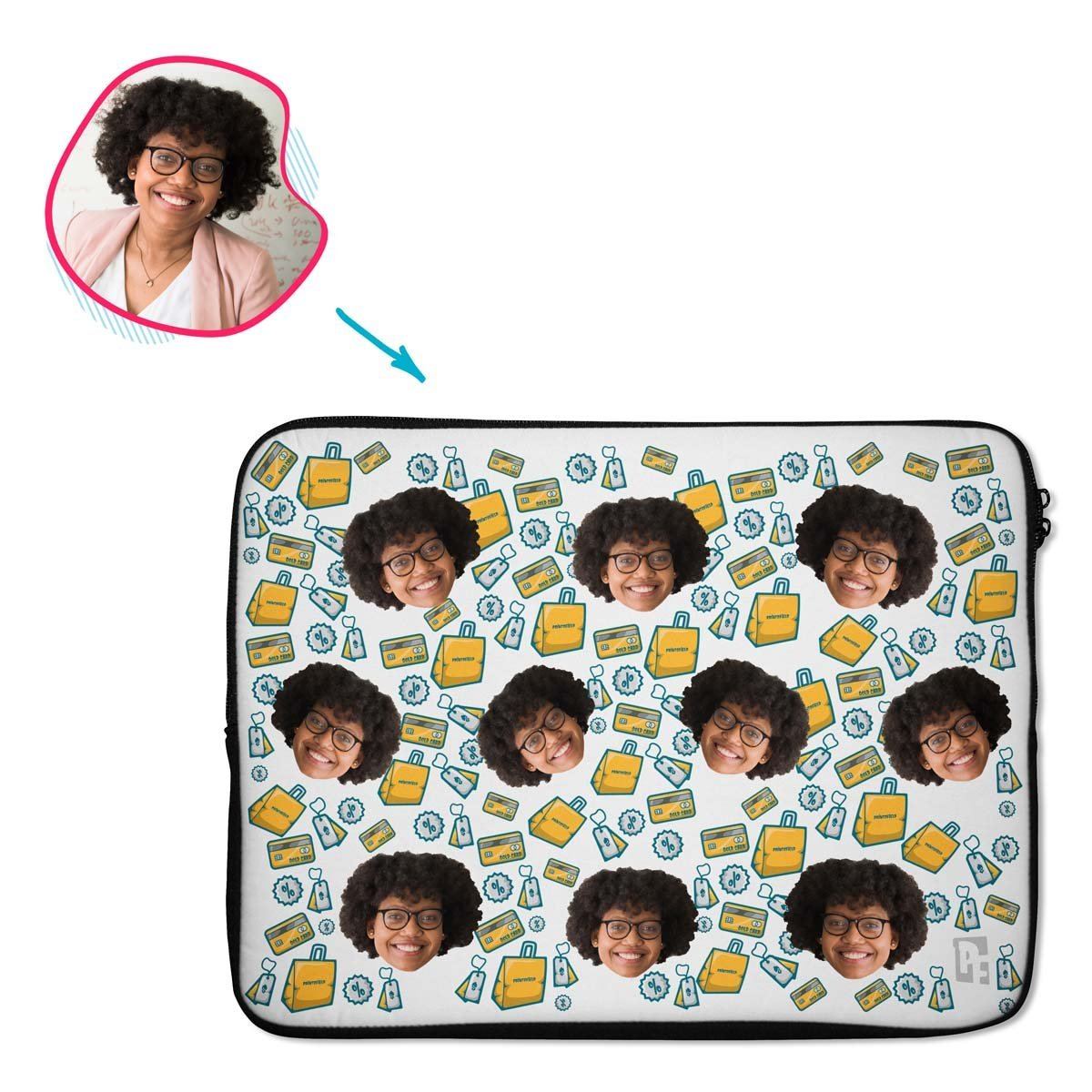 white Shopping laptop sleeve personalized with photo of face printed on them