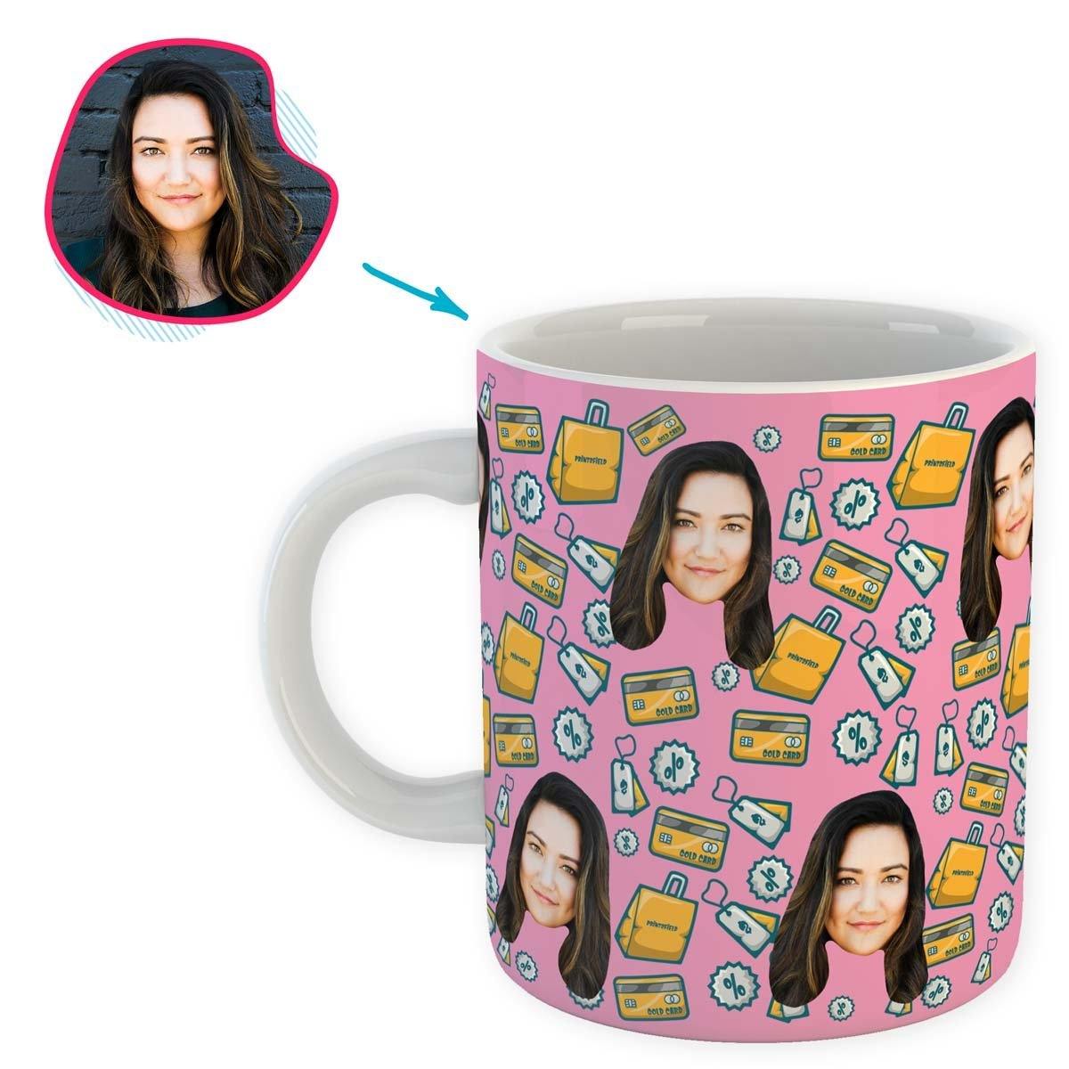 pink Shopping mug personalized with photo of face printed on it