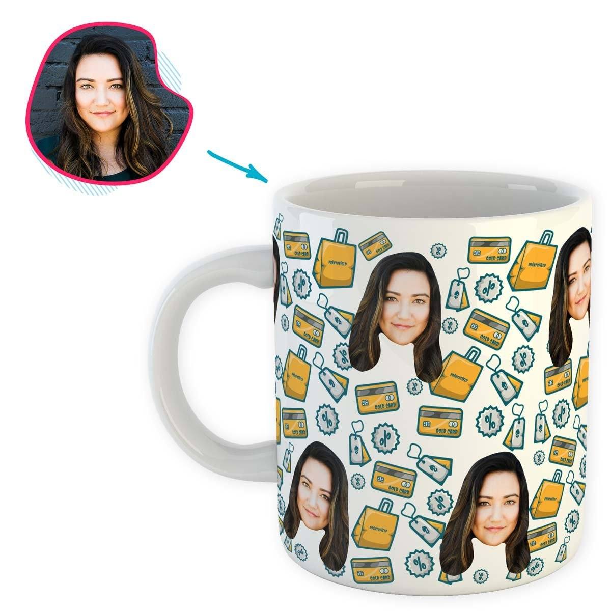 white Shopping mug personalized with photo of face printed on it